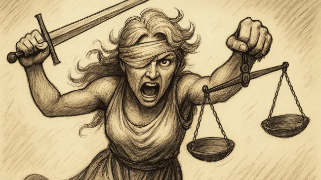 A cartoon of lady justice with her blindfold off, swinging her sword